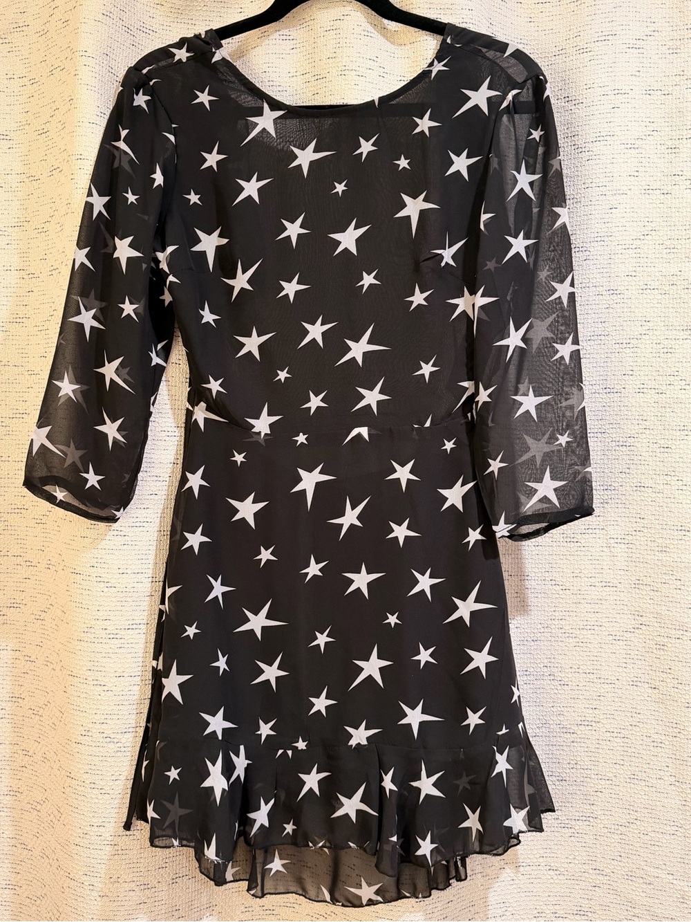 Black Star-Print Mini Dress - Sheer Sleeve Ruffle Hem Size S